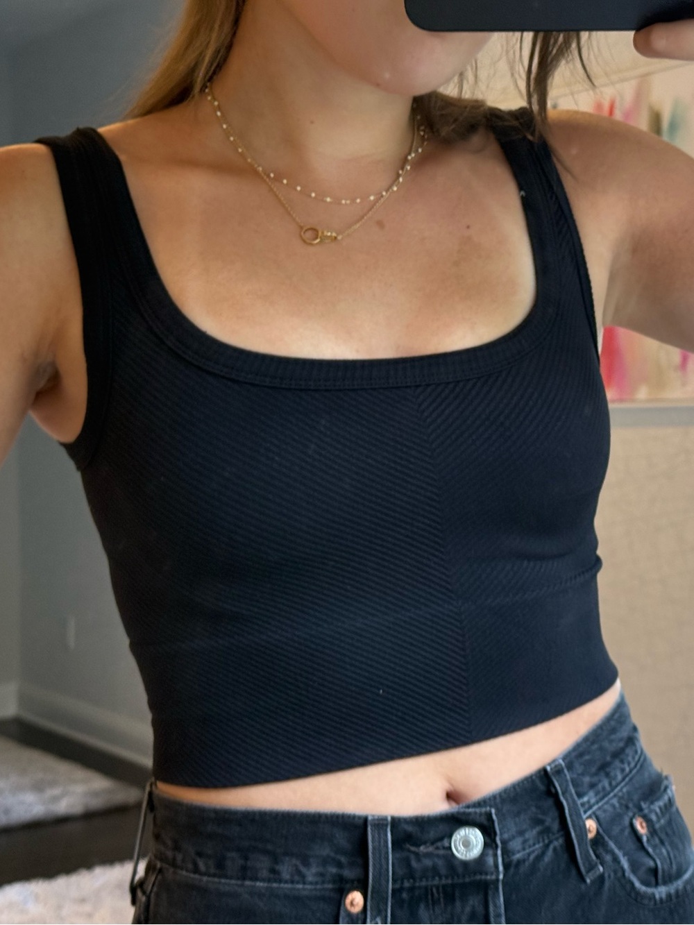 Black Ribbed Square-Neck Cropped Tank Top